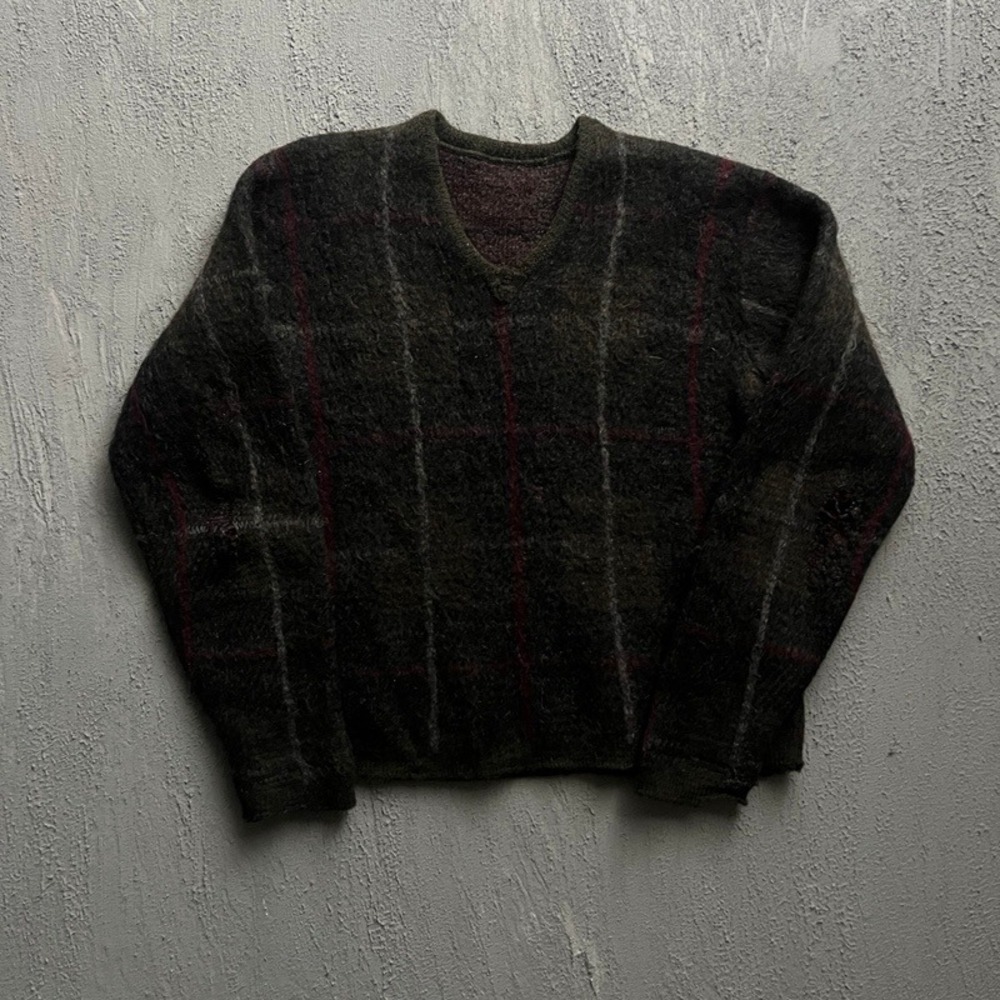 Vintage Mohair Sweater Medium Brown 1960s Plaid Grunge Distressed V Neck